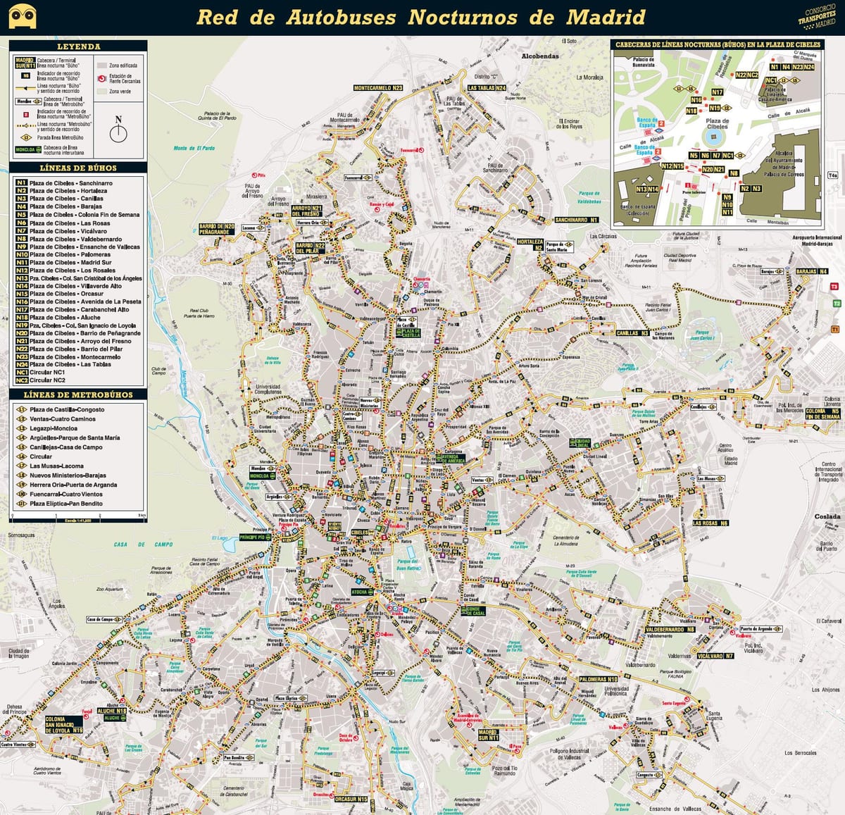 mapa Madridu noć bus